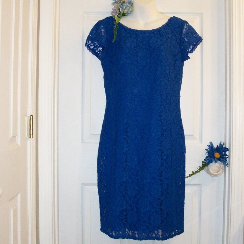 LAUNDRY by Shelli Segal Sz 8 Rear Zip Lace Overlay Dress Sapphire Blue